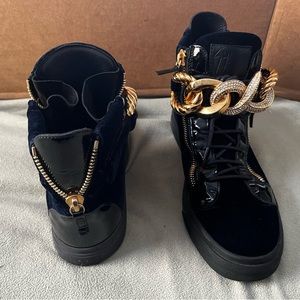 Giuseppe Zanotti Blue Velvet, Gold Chain high-top sneakers- UNIQUE & STUNNING!